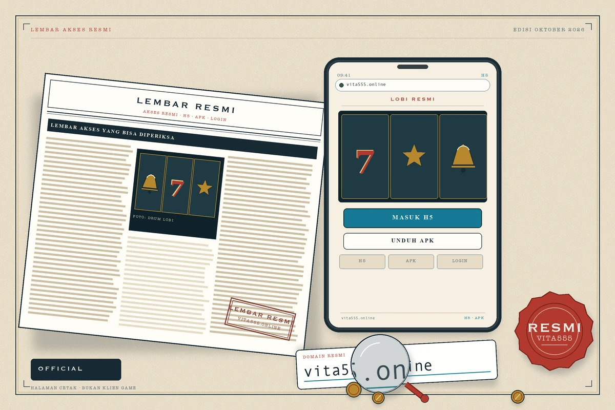 Piringan lembar resmi Vita555: ponsel dengan layar lobi tiga drum berdiri di atas lembar cetak, kartu domain vita555.online dibaca lewat kaca pembesar, dan stempel RESMI di sudut kanan.